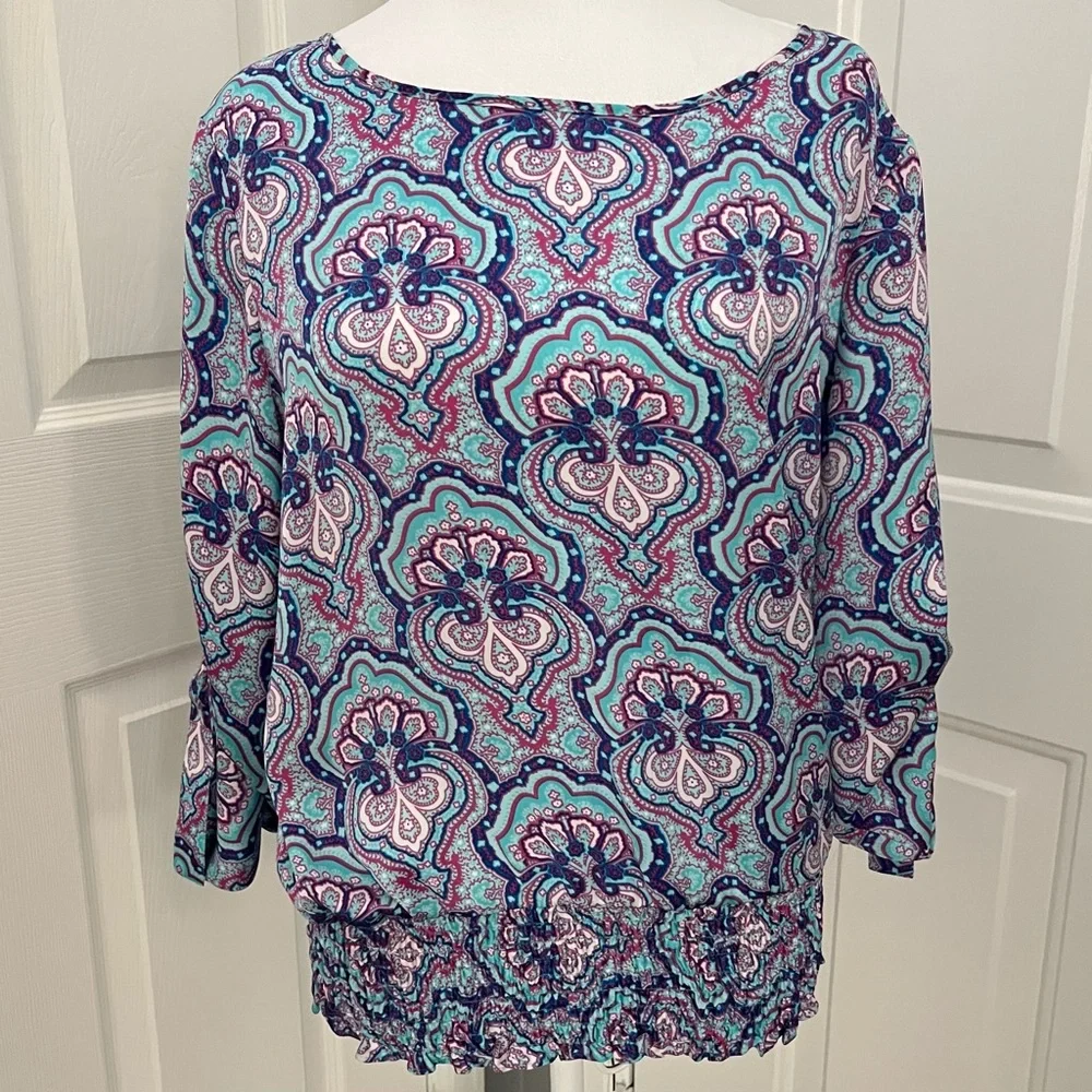 Michael Kors Blouse M/L Blue Multi Pattern RollTab Sleeve Elastic Gathered Waist
